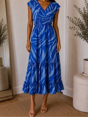Next Direct Blue Fern-Print Maxi Dress with Lattice Back